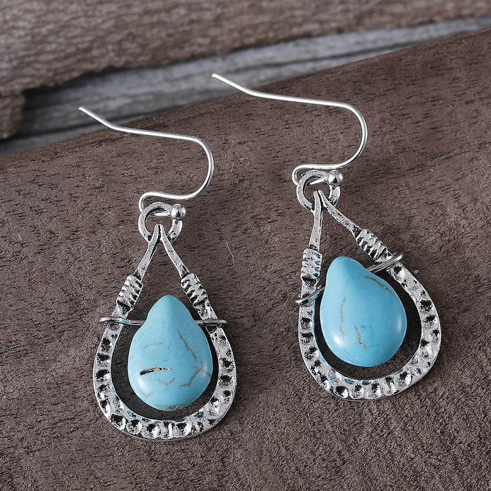 Simple Ethnic Style Hollow Turquoise Water Drop Bohemian Vacation Versatile Earrings