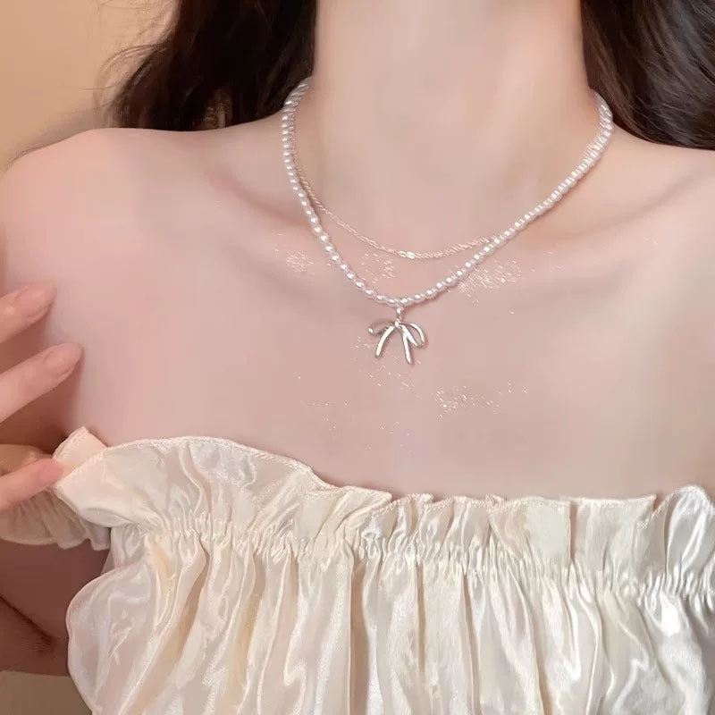 Bead Bow Double Layer Twin Female Light Luxury Minority Clavicle Necklace