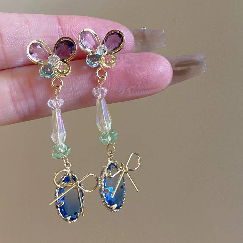 Women's Summer Super Match Mori Style Colorful Crystals Butterfly Long For Stud Earrings