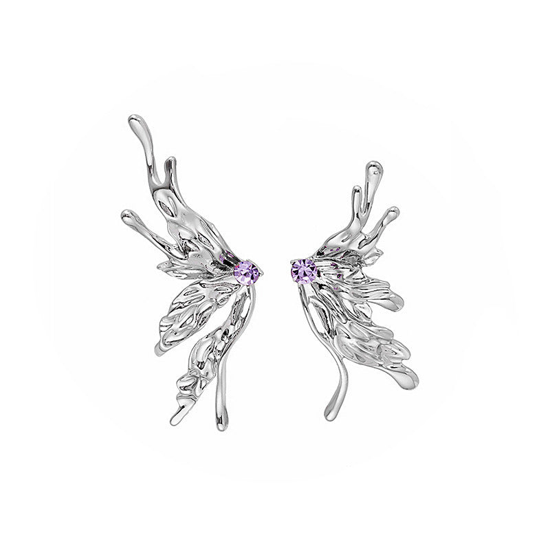 Metallic Butterfly Asymmetric Purple Zircon Niche Design Earrings