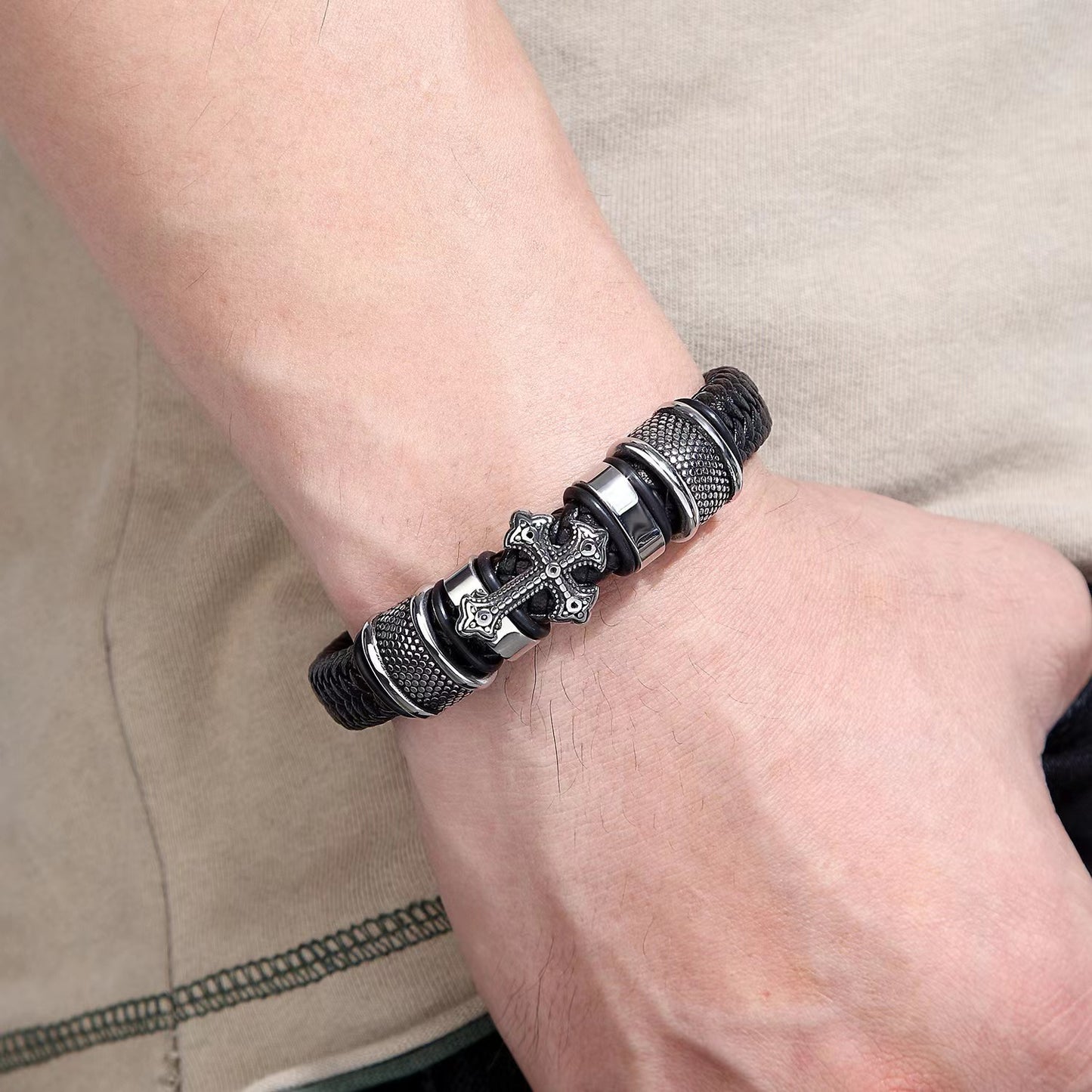 Bracelets punk en cuir croisé tissé en brocart pour hommes