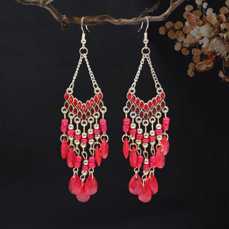 Ethnic Style High-grade Long Beaded Drop Tassel Bohemian Earrings