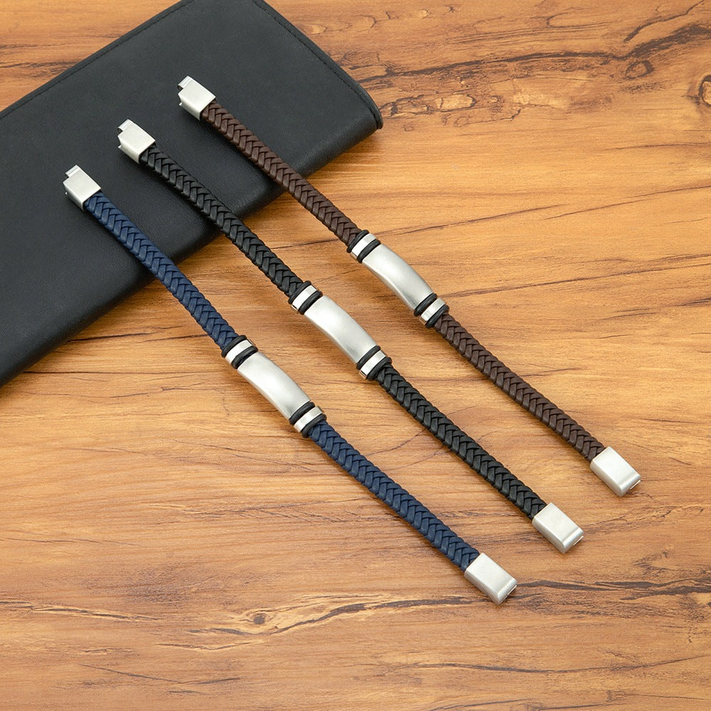 Men's Color Collection Stainless Steel Leather Woven Personality Bracelets