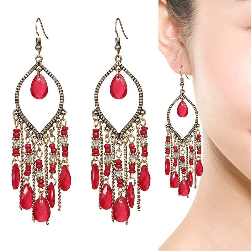 Ethnic Style Tassel Long Bohemian Crystal Yunnan Summer Earrings