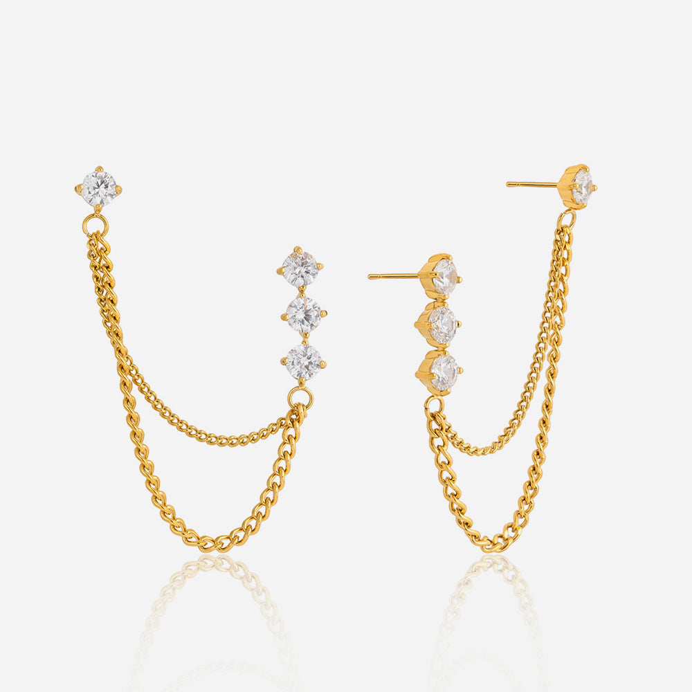 Women's Stainless Steel White Zircon Tassel Chain Fashion Classic Earrings