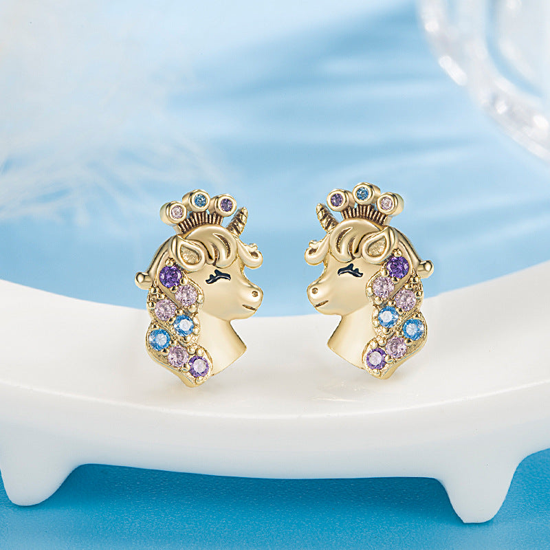 Children's Diamond Crown Unicorn Ear Cute Colorful Earrings