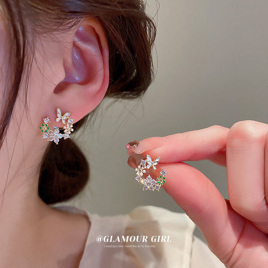 Elegant Moissanite Flower Butterfly Garland Fairy Mori Style Small Clear Rings