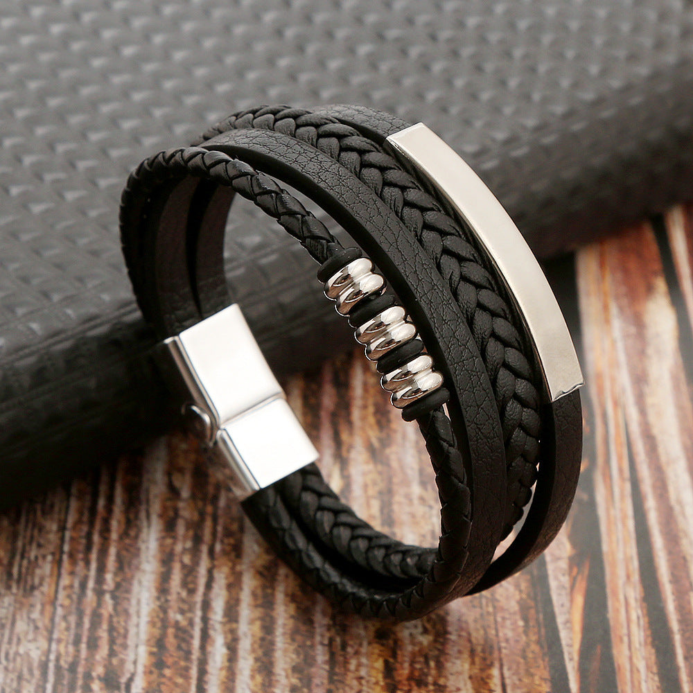 Men's Steel Magnetic Buckle Leather Cowhide String Bracelets