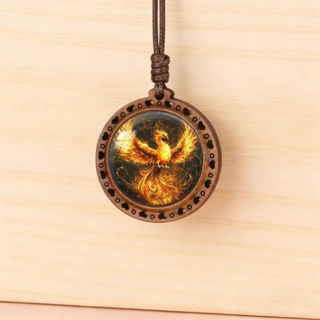 Phoenix Pattern Glass Wooden Unisex Adjustable Necklace