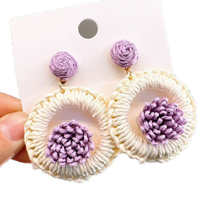 Style Seaside Vacation Exaggerated Wear Unique Straw Flower Round Design Earrings