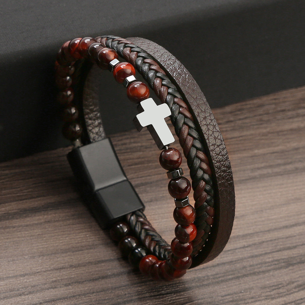 Herren-Armbänder mit Tigerauge-Kreuz aus Naturstein und Edelstahl