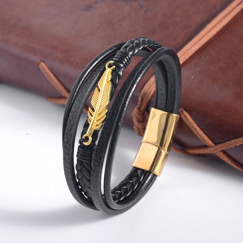 Men's Steel Feather Vintage Woven Leather String Bracelet