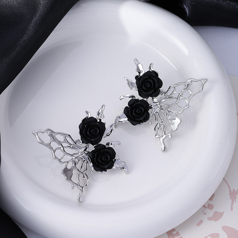 Rose Dark Gothic Hollow Butterfly Metal Earrings