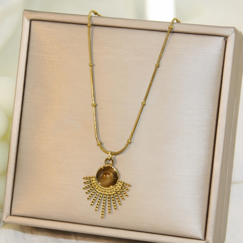 Women's Tigereye Round Titanium Steel Style Clavicle Chain Personalized Minority Design Pendants