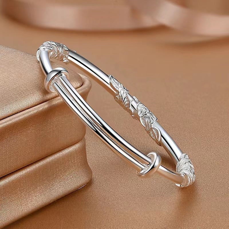 Push-pull Female Chinese Sier Plated Embossed Filigree Leaf Bracelet