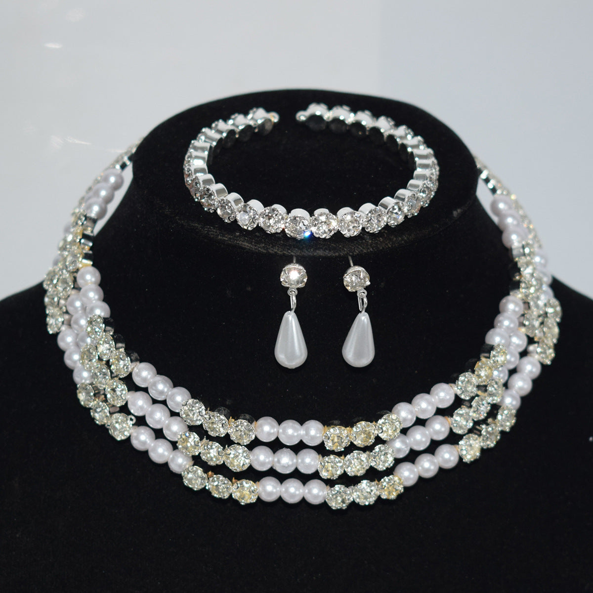 Pearl Diamond Collar Bridal Rhinestone Three-piece Jewelry Set