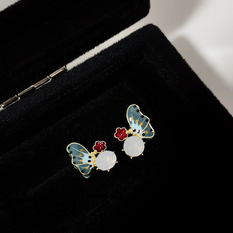 Boucles d'oreilles en émail pour femmes, peinture à l'huile, atmosphère, goutte à goutte, papillon, aiguille en argent