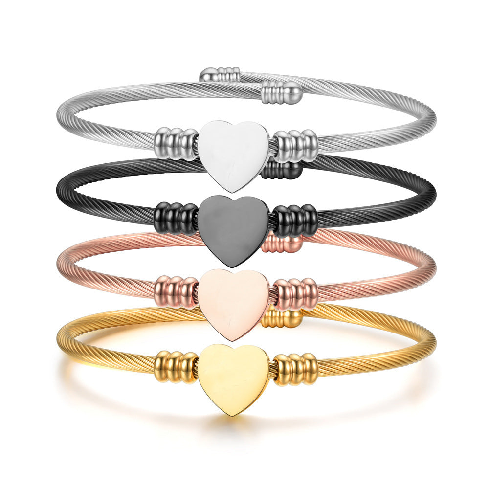 Stainless Steel Cable Wire Titanium Peach Heart Love Lettering Bracelet