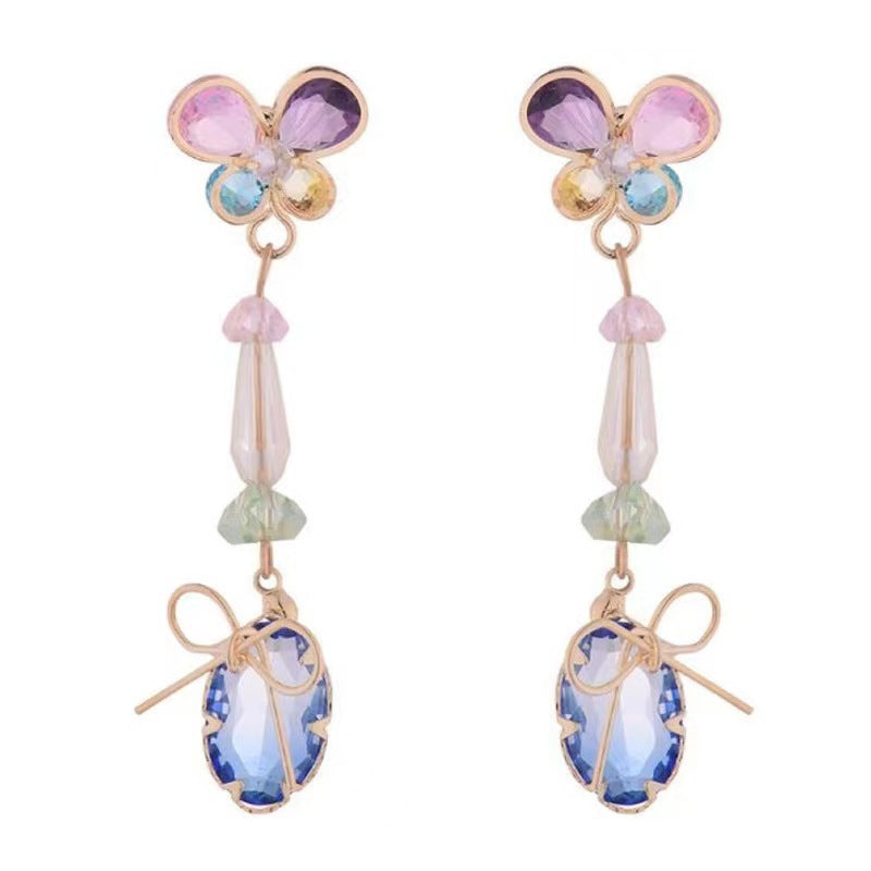 Women's Summer Super Match Mori Style Colorful Crystals Butterfly Long For Stud Earrings