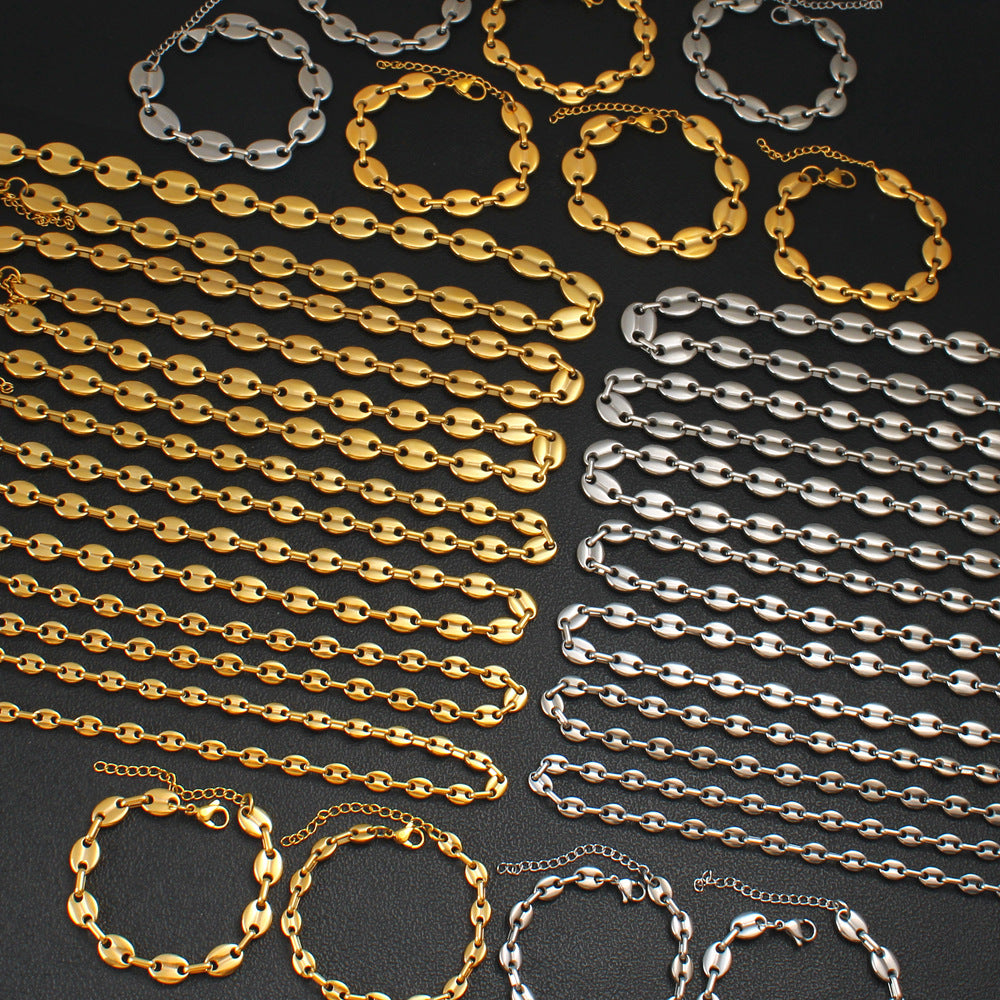 Women's & Men's Hip Hop Coffee Beans Gold Titanium Steel Pig Jewelry Set