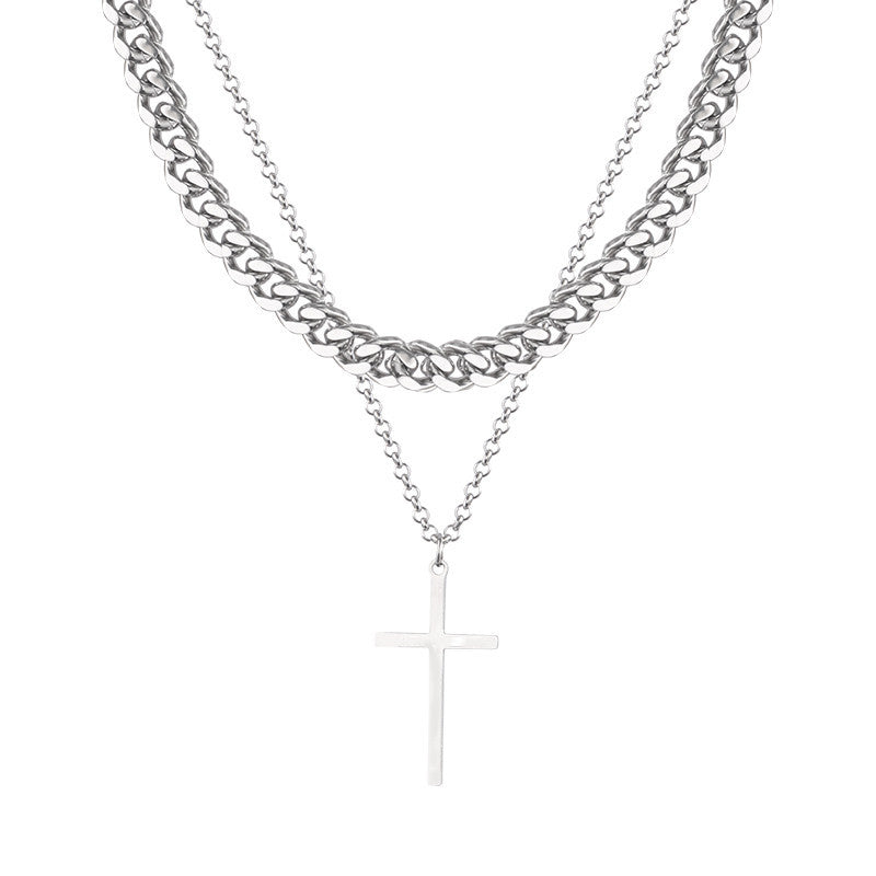 Men's Titanium Steel Cross Hip Hop Twin Necklaces