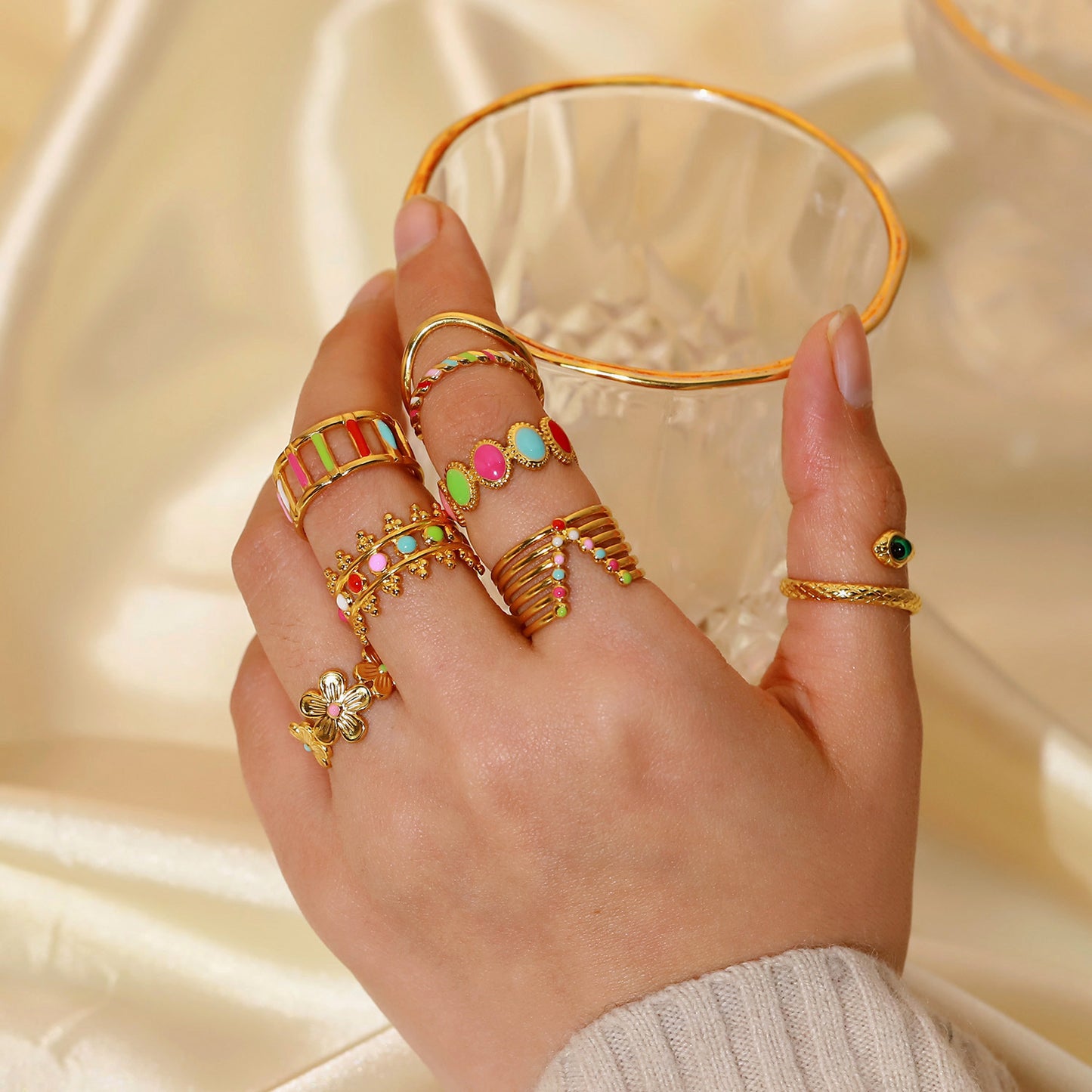 Women's Gold-plated Stainless Steel Fashion Geometric Colorful Rings