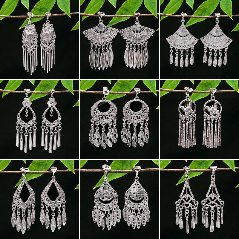 Women's Ethnic Geometric Tassel Ear Clip Miao Sier Retro Elegant Earrings