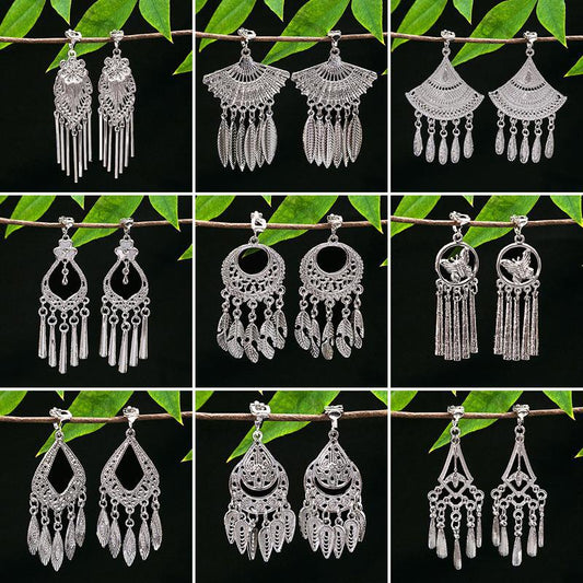 Women's Ethnic Geometric Tassel Ear Clip Miao Sier Retro Elegant Earrings
