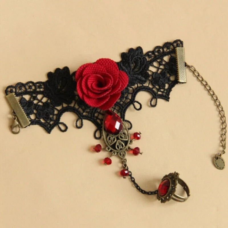 Damen-Halloween-Rosen-Stil-Spitze-Vampir-Schwarz-Armbänder