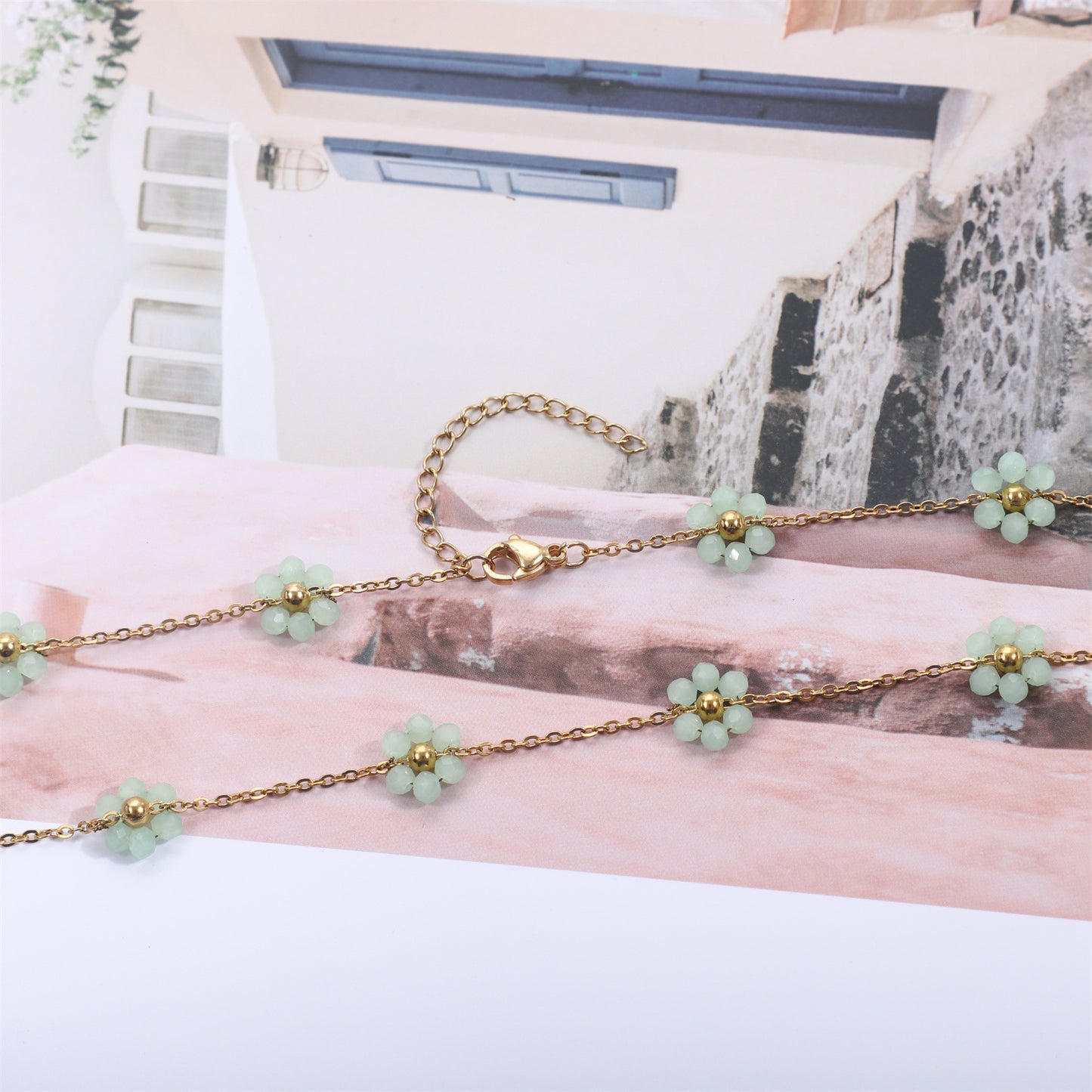 Women's Color Crystal Flowers Pearl Flower Stainless Steel Design Style Necklace