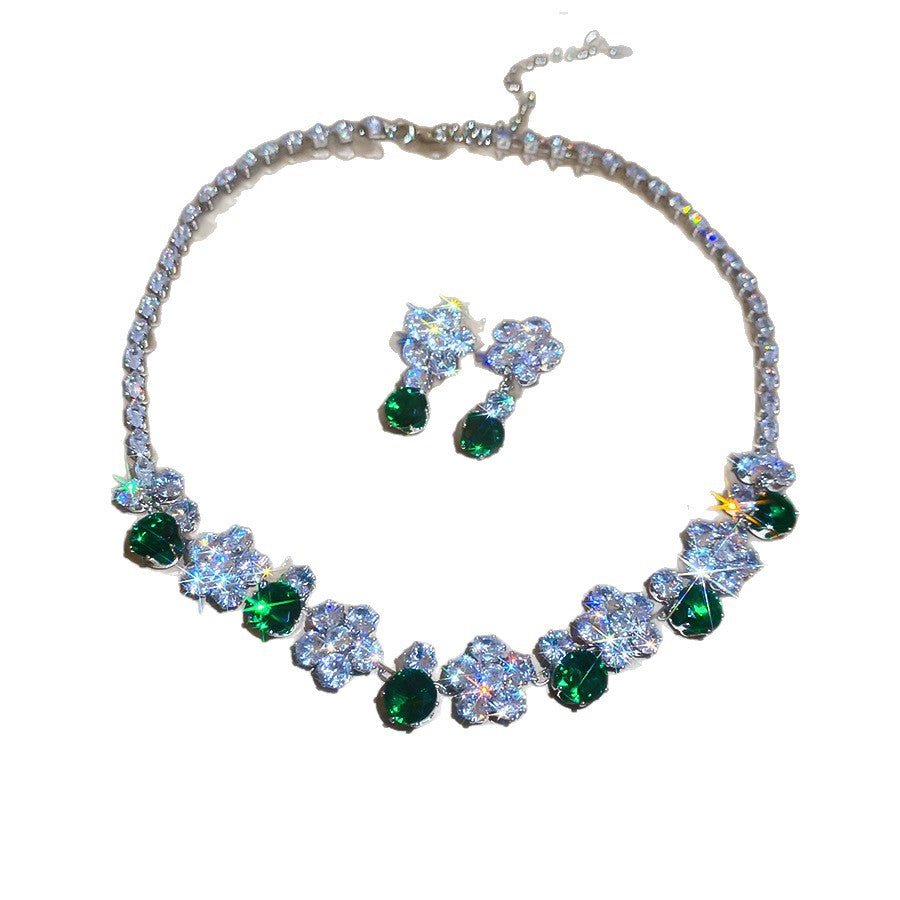 Flower Female Emerald Vintage Clavicle Chain Earrings