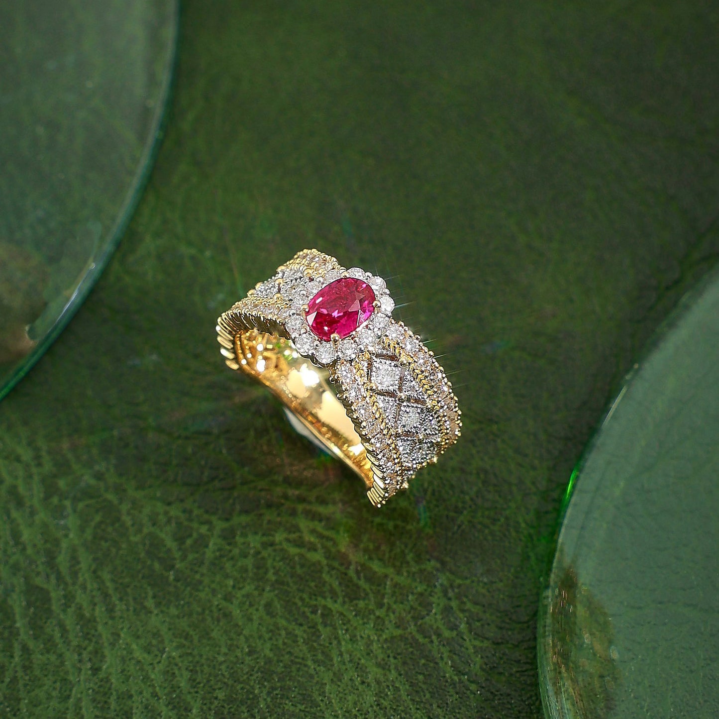 Carved Gold Lace Diamond Emerald Colored Rings