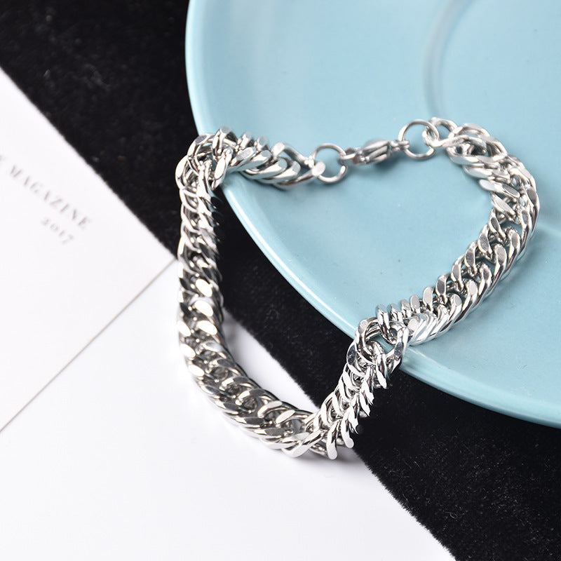 Women's & Men's Buckle Titanium Steel Chain Thick Wide Flat Personalized Bracelets