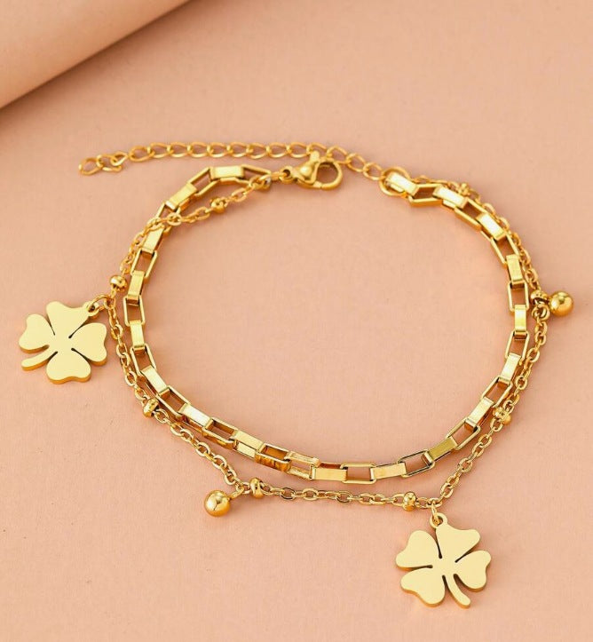 Women's Clover Affordable Luxury Fashion Geometric Twin Chain Bracelet