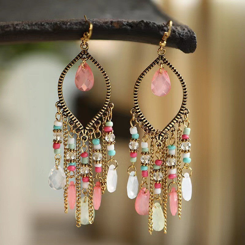 Ethnic Style Tassel Long Bohemian Crystal Yunnan Summer Earrings