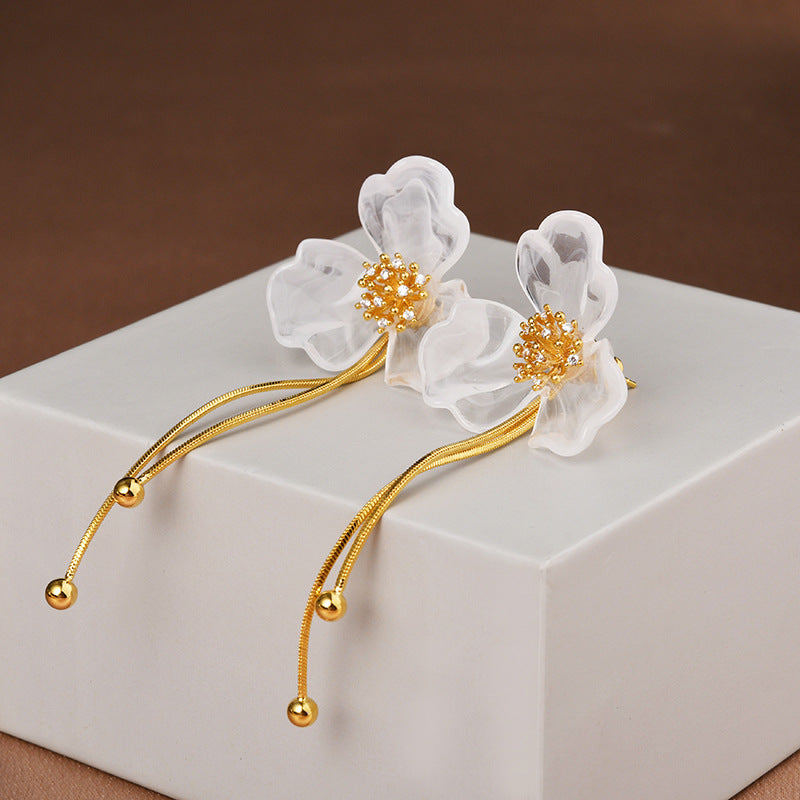 Ancient Chinese Style White Magnolia Long Fringe High-grade Stud Earrings