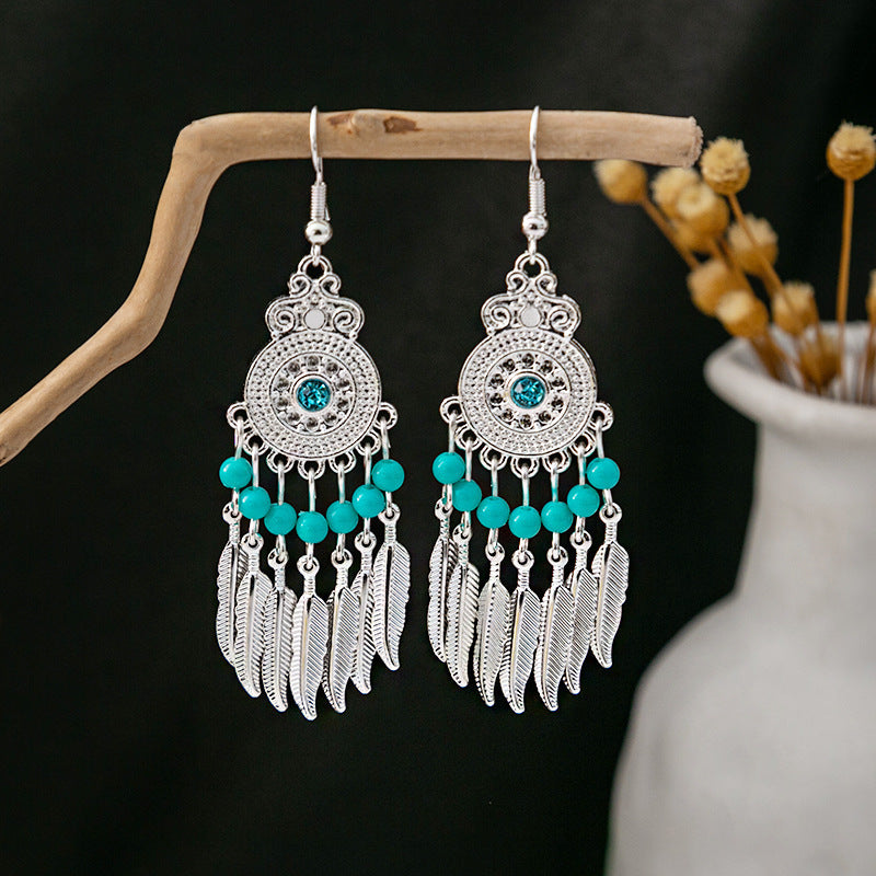 Ethnic Style Imitation Miao Sier Colorful Long Feather Tassel Earrings
