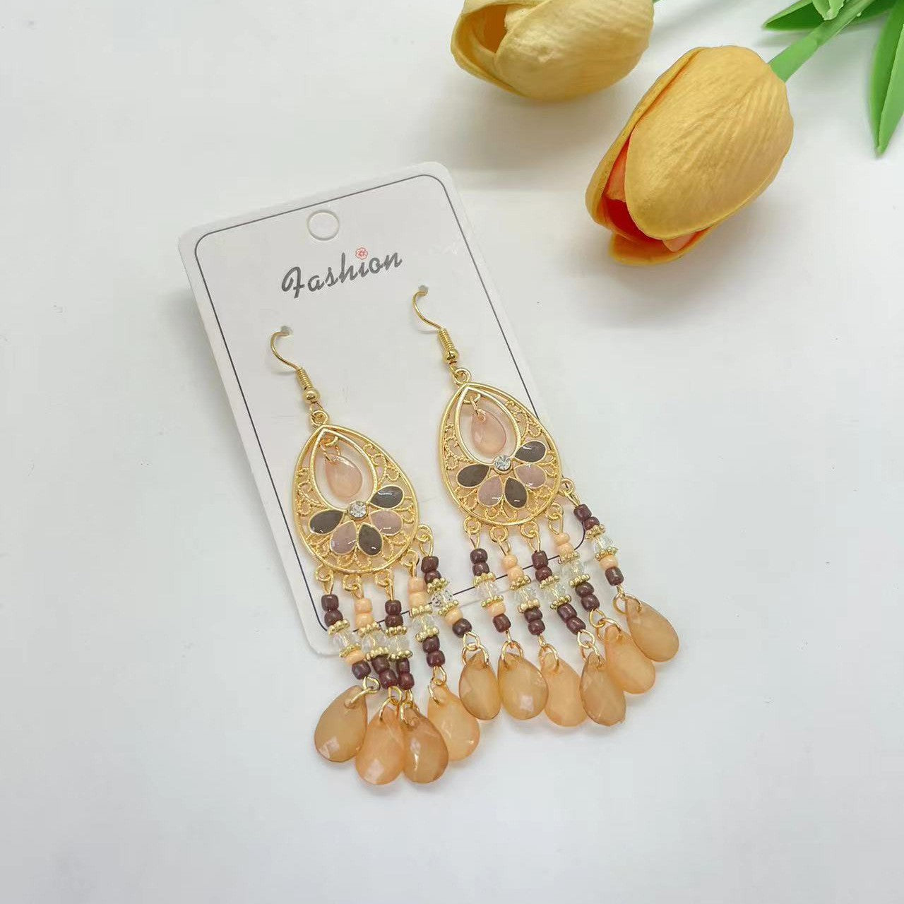 Ethnic Style Tassel Long Bohemian Crystal Yunnan Summer Earrings