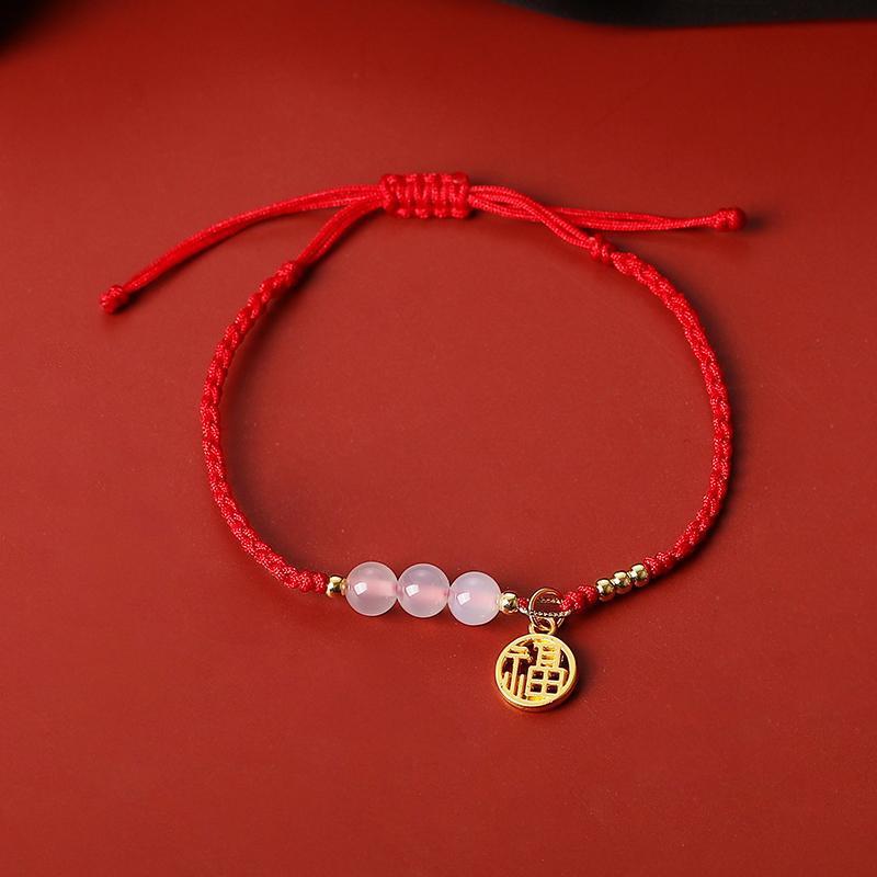 Card Female White Agate Fu Character Ornament Hand-woven Red Bracelets