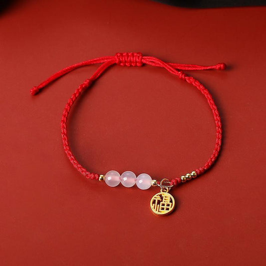 Karte weibliche weiße Achat Fu Charakter Ornament handgewebte rote Armbänder