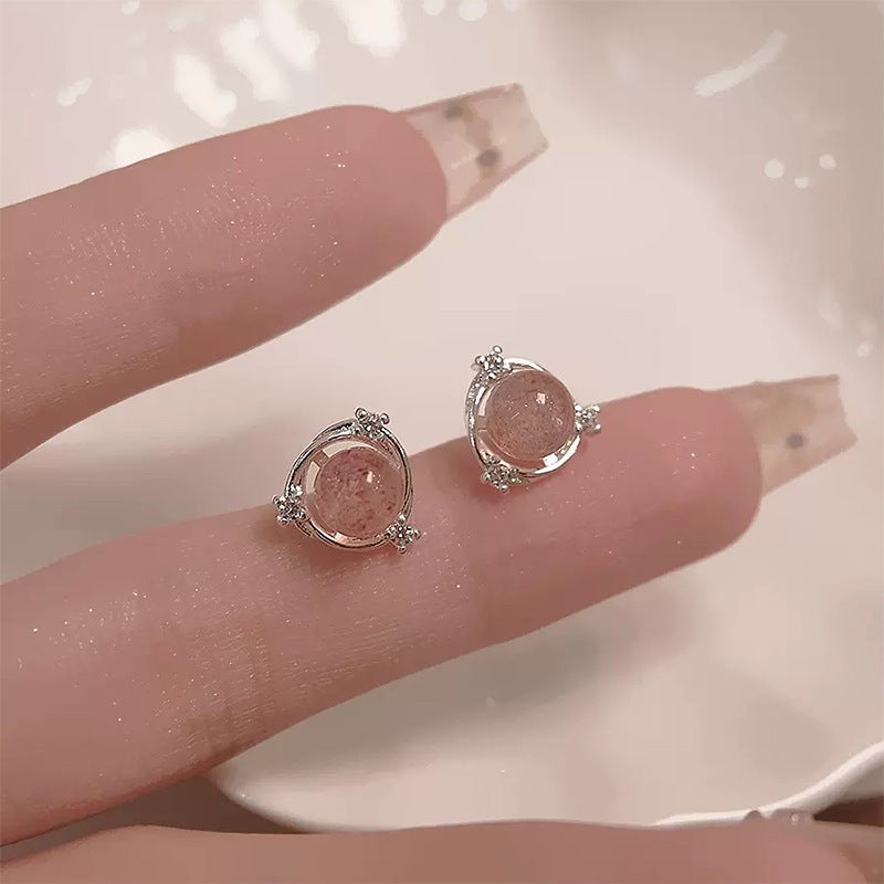 Female Mori Temperament Pink Crystal Simple Compact Earrings