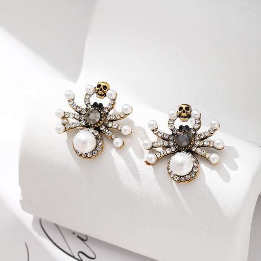 French Style Rhinestone Pearl Skull Spider Rings