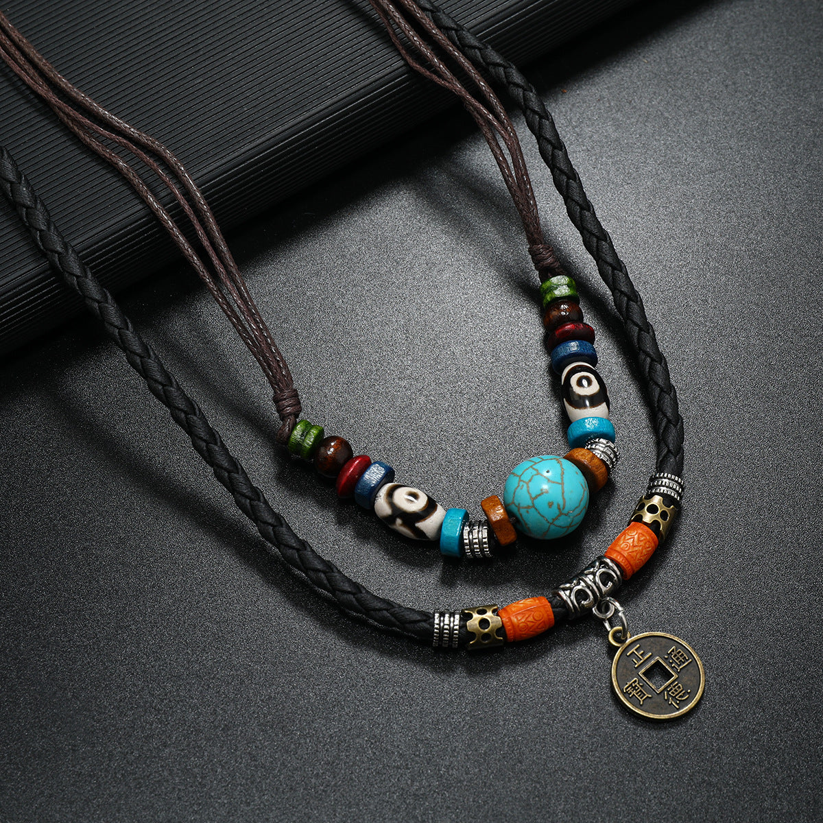 Men's Retro Style Turquoise Beaded Weave Leather Necklaces