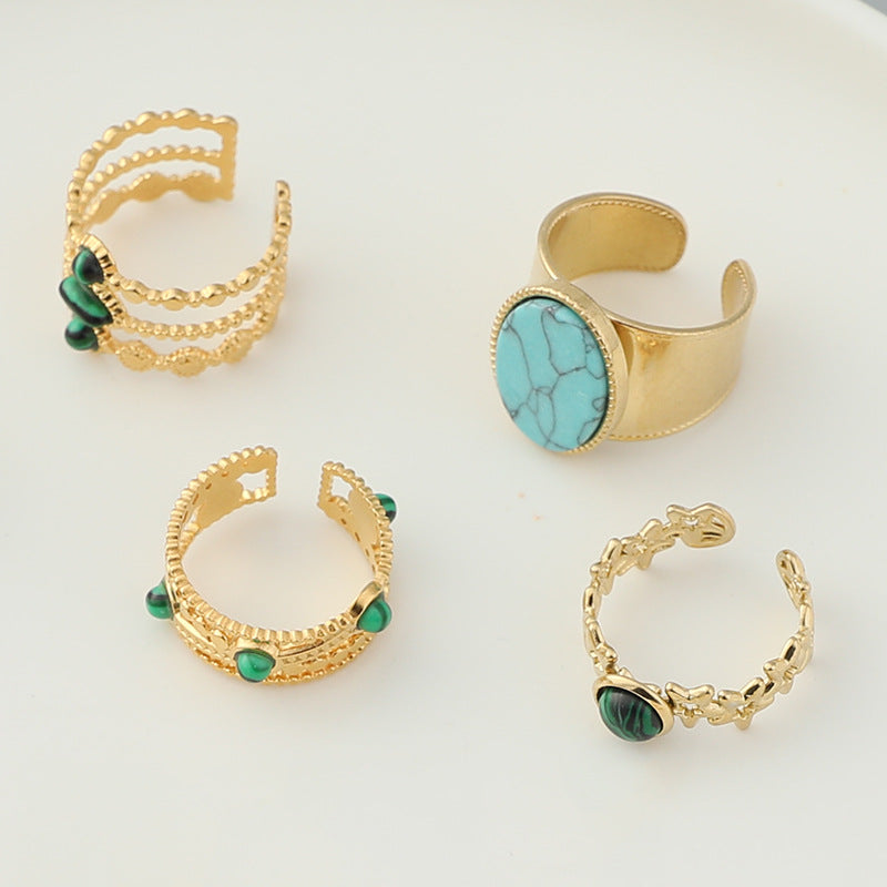 Stainless Steel Ladies Natural Stone Turquoise Shank Retro Ring