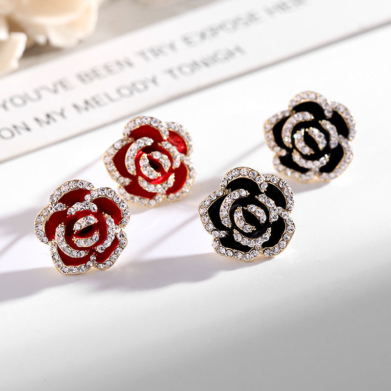 Women's Red Rose Simple Rhinestone High-grade Vintage Earrings