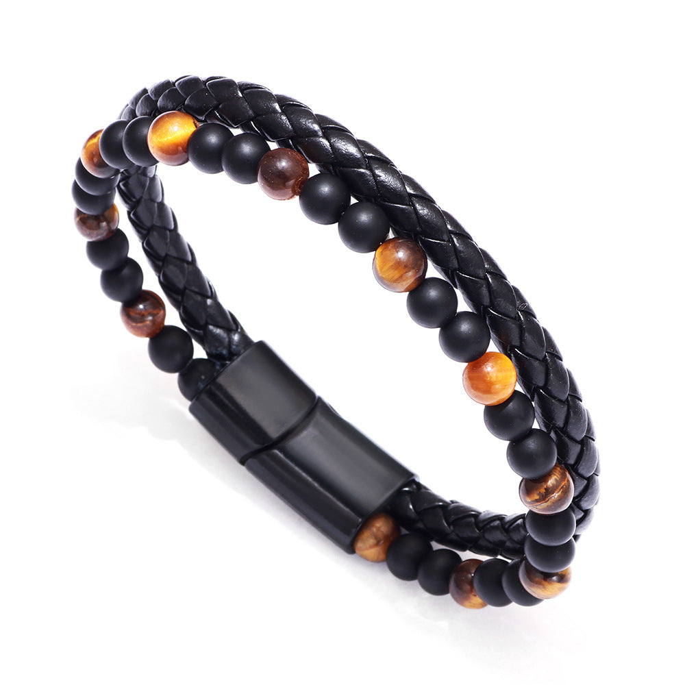 Men's Stone Tigereye Beaded Cowhide String Agate Bracelets