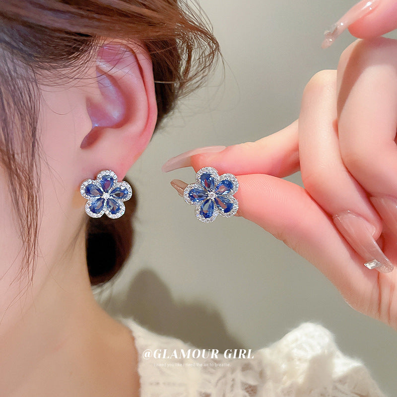 Needle Micro Inlaid Zircon Blue Flower Fresh Personality Earrings