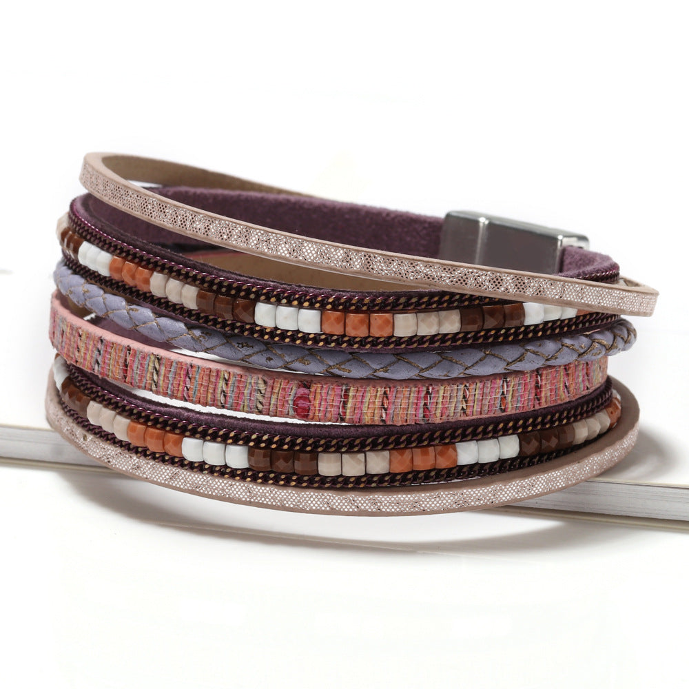 Women's Bohemian Hand-woven Leather Alloy Magnetic Snap Bracelets