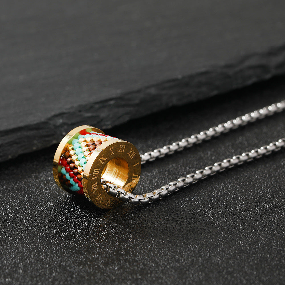 Ethnic Style Hand-woven Color Roman Characters Cylindrical Titanium Steel Necklaces