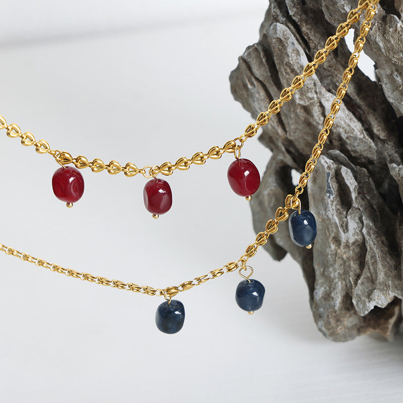 Women's Simple Titanium Steel Gold Plated Natural Lapis Necklaces